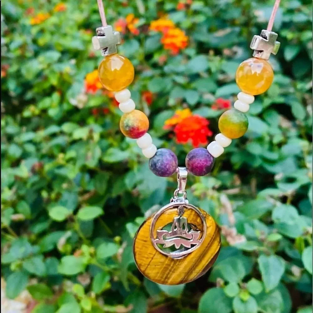 Tigers Eye Yoga Gemstone Leather Adjustable Necklace